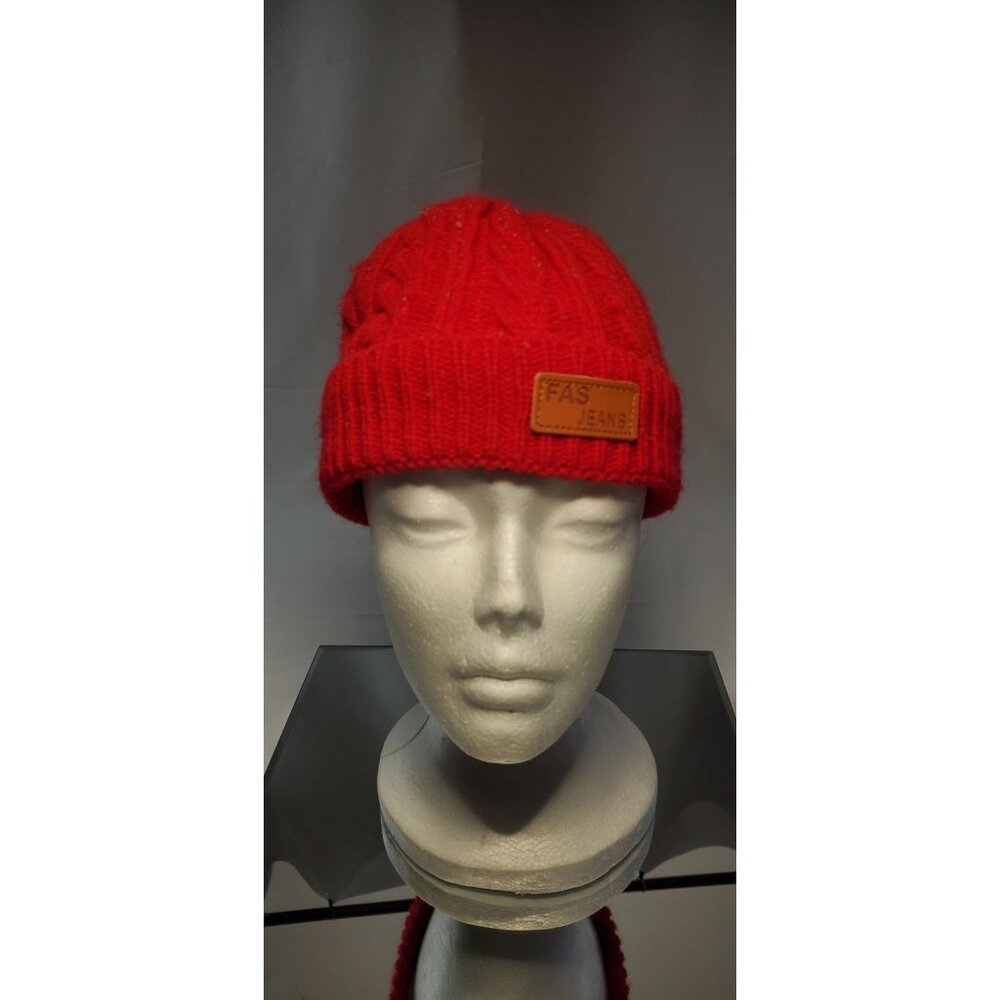 Fas Jeans Winter Beanie Hat Cap Cable Knit Red